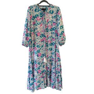 Edith By Fringe M Floral Print Midi Dress Tiered Balloon Sleeves Tassel Modest